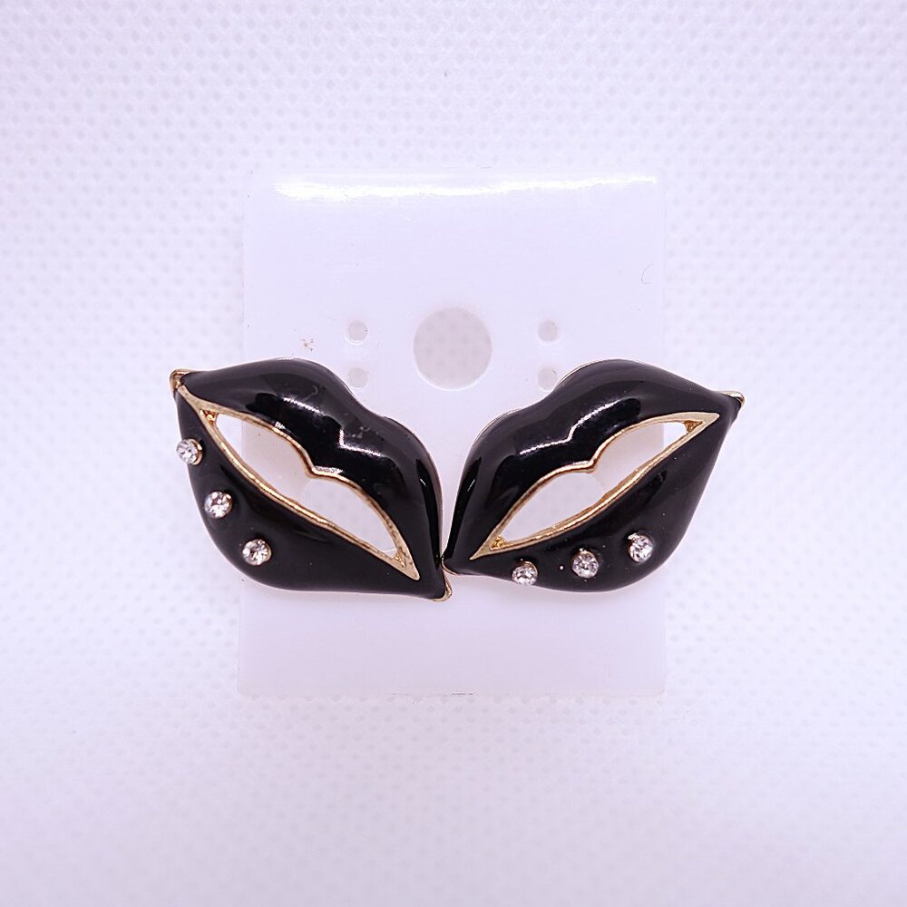 💎4/25💎NOS Vintage Retro 1980s Black Enamel Crystal Lips Pierced Stud Earrings